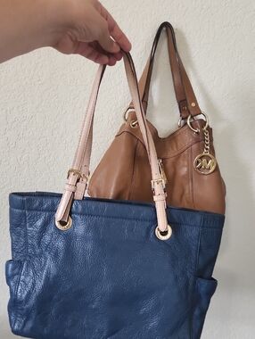 Two Michael Kors Brown Leather Shoulder Bag with Navy Tote and Pale Pink Straps